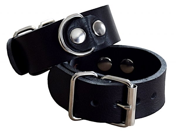 BDSM Handfesseln mit D-Ring, Büffelleder, schwarz