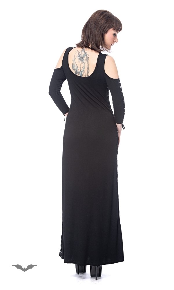 Schulterfreies langes Kleid mit Nietenband schwarz Cut out