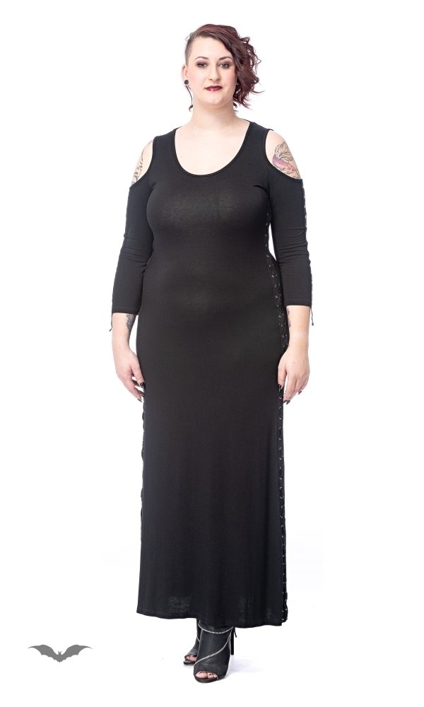 Schulterfreies langes Kleid mit Nietenband schwarz Cut out