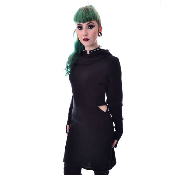 Damen Pullover lang schwarz mit Kapuze Cutout