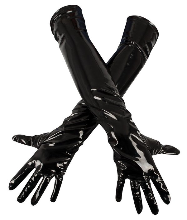 schwarze Lack-Handschuhe lang