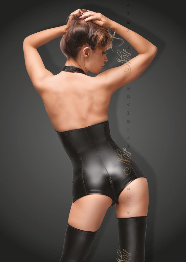 schwarzer Powerwetlook Body Sptizen-Ausschnitt Noir Handmade
