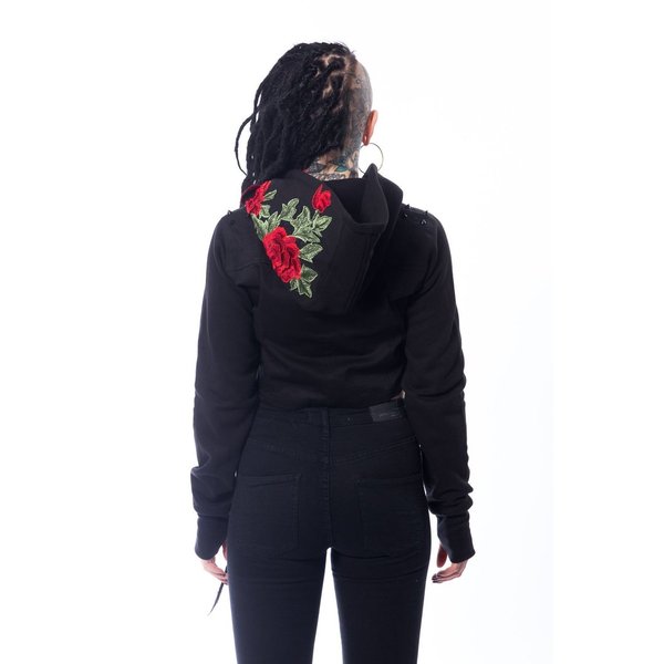 REA JACKET - BLACK schwarze Jacke für Damen bauchfrei Rosen Motiv