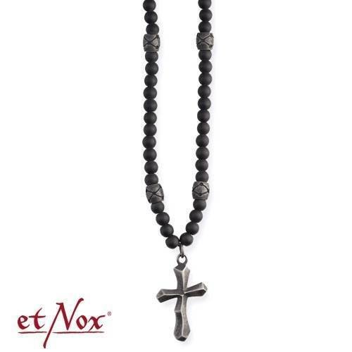 schwarze Perlen Kette "Ancient Cross" Edelstahl m. Glas