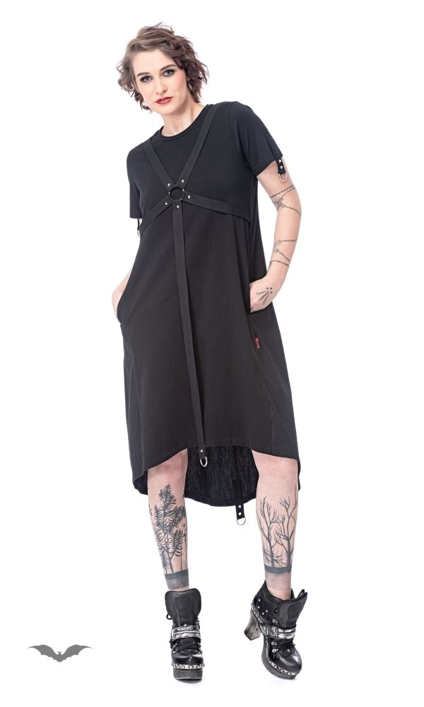 Langes Kleid schwarz mit Ringen und Bondage kurzärmlig bis 4XL