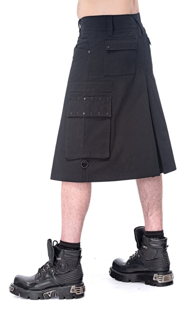 Schwarzer Herren Kilt mit schwarzen Nieten und Taschen Baumwolle