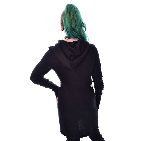 Damen Pullover lang schwarz mit Kapuze Cutout